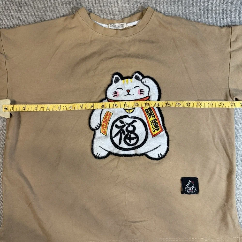 Dolla House Lucky‎ Cat Embroidered T Shirt Tan Maneki Neko Streetwear